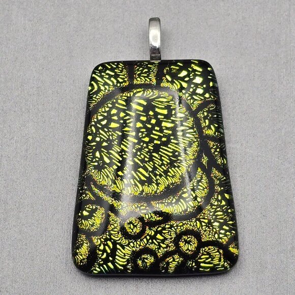 Dichroic Glass Pendant 1.75" Green & Black Circular Motif Trapezoid Shape - Picture 1 of 5